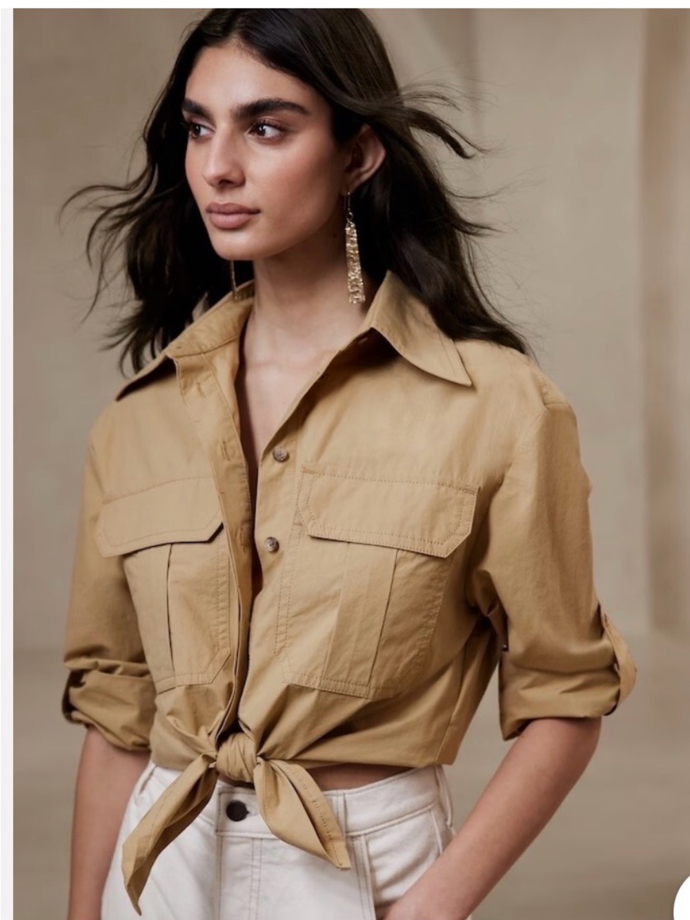 Banana republic blouses Cropped Tie-Front Utility Shirt in Camel XS size